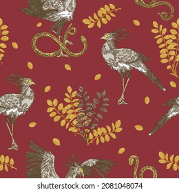 Red vintage seamless pattern. Secretary birds hunting snake and leaves. Engraving style. Vector illustration.