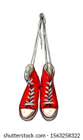 Red vintage sneakers hanging on the wall, hand drawn vector illustration