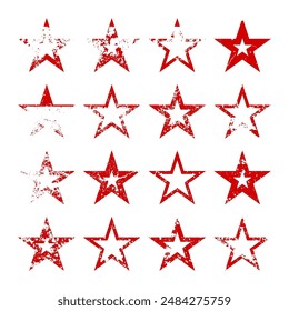 Red vintage stars with cracks and stains. Old hand-drawn sign, black simple shape. Retro design element with distressed effect, grunge texture. Vector illustration