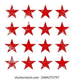 Red vintage stars with cracks and stains. Old hand-drawn sign, black simple shape. Retro design element with distressed effect, grunge texture. Vector illustration