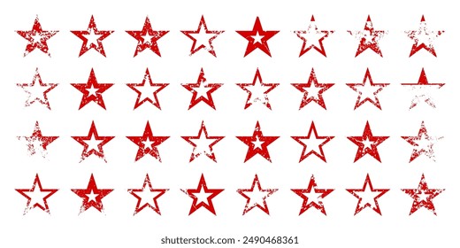 Red vintage stars with cracks and stains. Old hand-drawn sign, black simple shape. Retro design element with distressed effect, grunge texture. Vector illustration