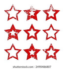 Red vintage stars with cracks and stains. Old hand-drawn sign, black simple shape. Retro design element with distressed effect, grunge texture. Vector illustration