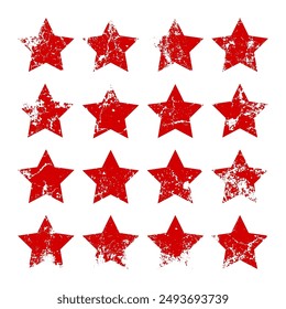Red vintage stars with cracks and stains. Old hand-drawn sign, black simple shape. Retro design element with distressed effect, grunge texture. Vector illustration