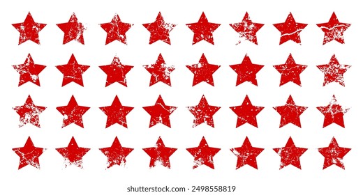 Red vintage stars with cracks and stains. Old hand-drawn sign, black simple shape. Retro design element with distressed effect, grunge texture. Vector illustration