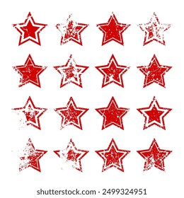 Red vintage stars with cracks and stains. Old hand-drawn sign, black simple shape. Retro design element with distressed effect, grunge texture. Vector illustration