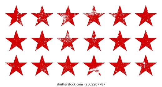 Red vintage stars with cracks and stains. Old hand-drawn sign, black simple shape. Retro design element with distressed effect, grunge texture. Vector illustration