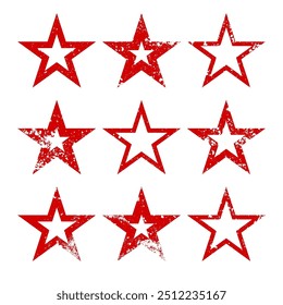 Red vintage stars with cracks and stains. Old hand-drawn sign, black simple shape. Retro design element with distressed effect, grunge texture. Vector illustration