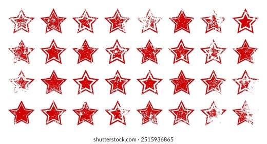 Red vintage stars with cracks and stains. Old hand-drawn sign, black simple shape. Retro design element with distressed effect, grunge texture. Vector illustration