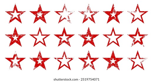 Estrellas rojas vintage con grietas y manchas. Signo dibujado a mano viejo, forma simple negra. Elemento de diseño retro con efecto desgastado, textura grunge. Ilustración vectorial