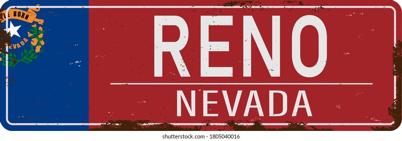 red Vintage tin sign Reno. Retro souvenirs or old postcard template on rust background.