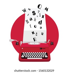 Red vintage typewriter with paper. Flat style. Blogging concept. Vector