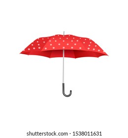 Red vintage umbrella with white polka dots isolated on white background - colorful realistic object for rain and sun protection with classic curved handle, vector illustration