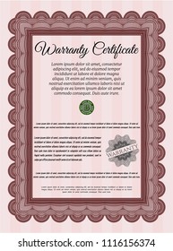 Red Vintage Warranty Certificate template. Printer friendly. Vector illustration. Nice design. 