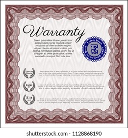 Red Vintage Warranty Certificate template. With linear background. Excellent design. Detailed. 