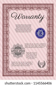 Red Vintage Warranty Certificate template. With complex background. Money Pattern design. Detailed. 