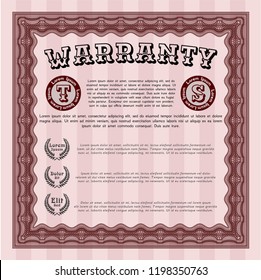 Red Vintage Warranty Certificate template. With background. Detailed. Elegant design. 