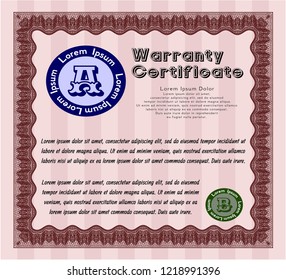 Red Vintage Warranty Certificate template. With complex background. Vector illustration. Retro design. 