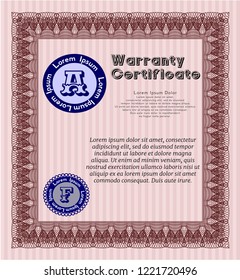 Red Vintage Warranty Certificate template. Superior design. With background. Detailed. 