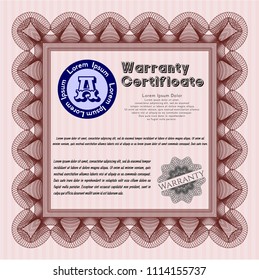 Red Vintage Warranty template. Detailed. With guilloche pattern and background. Nice design. 