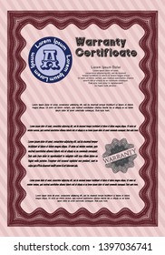 Red Vintage Warranty template. Modern design. Vector illustration. With linear background. 