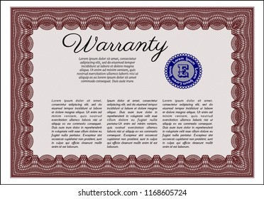 Red Vintage Warranty template. Vector illustration. With complex background. Money style design. 
