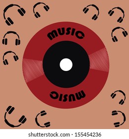 a red vinyl disc with some silhouettes of headphones