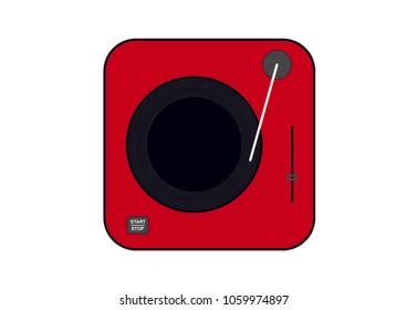 Red vinyl turntable icon. Flat style vector drawing. Red gramophone.