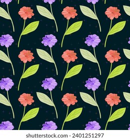 red and violet flowers seamless vector pattern, watercolor texture endless botanical print, dark background