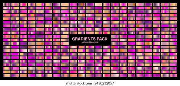 Red, violet glossy gradient, metal foil texture. Sunset color swatch set, summer vibes. Collection of high quality gradients. Shiny metallic background. Design element. Vector illustration