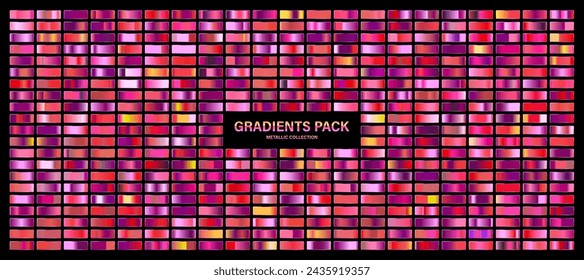 Red, violet glossy gradient, metal foil texture. Sunset color swatch set, summer vibes. Collection of high quality gradients. Shiny metallic background. Design element. Vector illustration