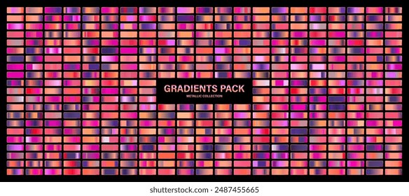 Red, violet glossy gradient, metal foil texture. Sunset color swatch set, summer vibes. Collection of high quality gradients. Shiny metallic background. Design element. Vector illustration