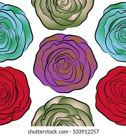 Red, violet and green vector roses petals on a white background.