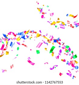 Red violet green yellow foil holiday realistic confetti flying vector background. Rich flying tinsels, foil texture serpentine streamers, sparkles, confetti falling carnival background.