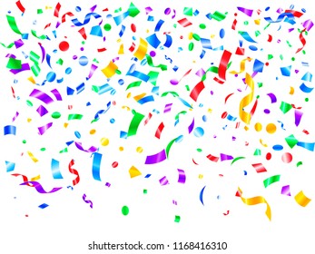 Red violet green yellow foil holiday realistic confetti flying vector background. Chic flying tinsels, foil texture serpentine streamers, sparkles, confetti falling festive background.