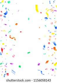 Red violet green yellow glossy holiday realistic confetti flying vector background. Trendy flying tinsels, foil texture serpentine streamers, sparkles, confetti falling anniversary background.