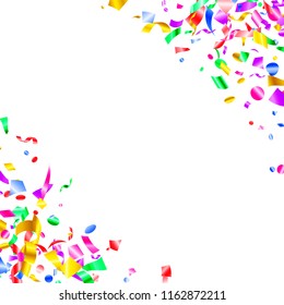 Red violet green yellow glossy holiday realistic confetti flying vector background. Glamour flying tinsels, foil texture serpentine streamers, sparkles, confetti falling Christmas background.