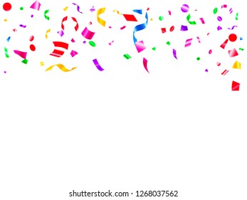 Red violet green yellow glossy holiday realistic confetti flying vector background. Creative flying tinsels, foil texture serpentine streamers, sparkles, confetti falling anniversary background.