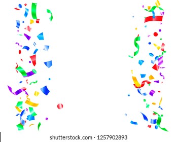Red violet green yellow glowing holiday realistic confetti flying vector background. Glamorous flying tinsels, foil texture serpentine streamers, sparkles, confetti falling anniversary background.