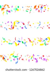 Red violet green yellow shiny holiday realistic confetti flying vector background. Premium flying tinsels, foil texture serpentine streamers, sparkles, confetti falling new year background.