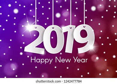 Red and violet Happy New Year 2019 greeting card concept with paper cuted white numbers on ropes on snowing blurred background. Vector illustration