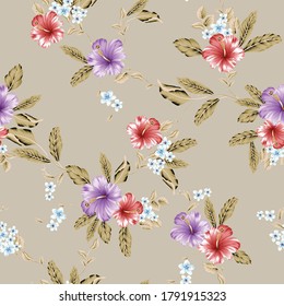 flores vectoriales rojas y violetas con patrón de hojas sobre fondo crema
