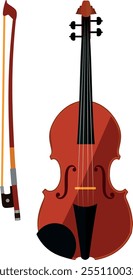 A red violin with a bow is shown next to it