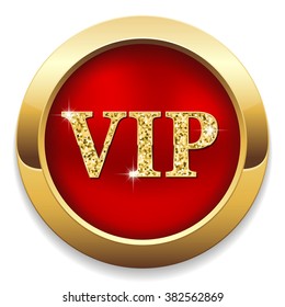 Red vip button with gold border on white background