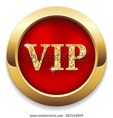 Red vip button with gold border on white background