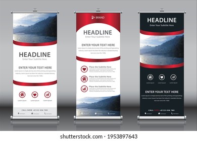Red VIP color Roll up banner design template. New rectangular X banner design brochure, flayer, abstract geometric background, flag banner template roll up for exhibitions, business, advertising