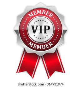 Red vip member rosette with silver border on white background