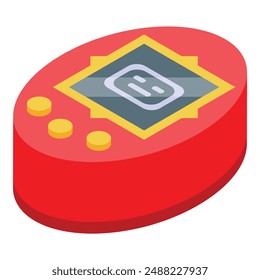 Red virtual pet game featuring a pixelated screen and yellow buttons, bringing back the nostalgia of 90s handheld gaming