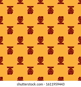 Red Virtual reality glasses icon isolated seamless pattern on brown background. Stereoscopic 3d vr mask.  Vector Illustration