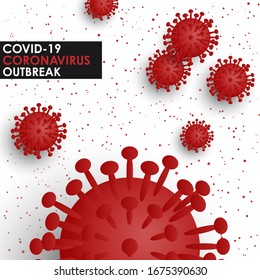 Red virus cell isolated on white background. Covid-19, Coronavirus or 2019-nCoV outbreak in Wuhan, China and world wide. Virus control and protection, pandemic infectious concept. Vector illustration.