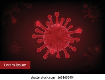 Red virus cells on dark background. Banner for pandemic infectious concept. Covid-19, Coronavirus or 2019-nCoV outbreak in Wuhan, China and world wide. Futuristic style design, vector illustration.